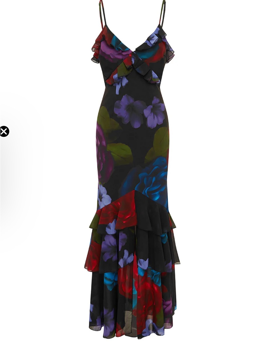 Floral Ruffle Slip Maxi Dress - Black with Red, Blue & Purple Blooms